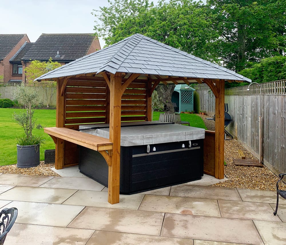 Breeze House Hot Tub cover with slate effect roof